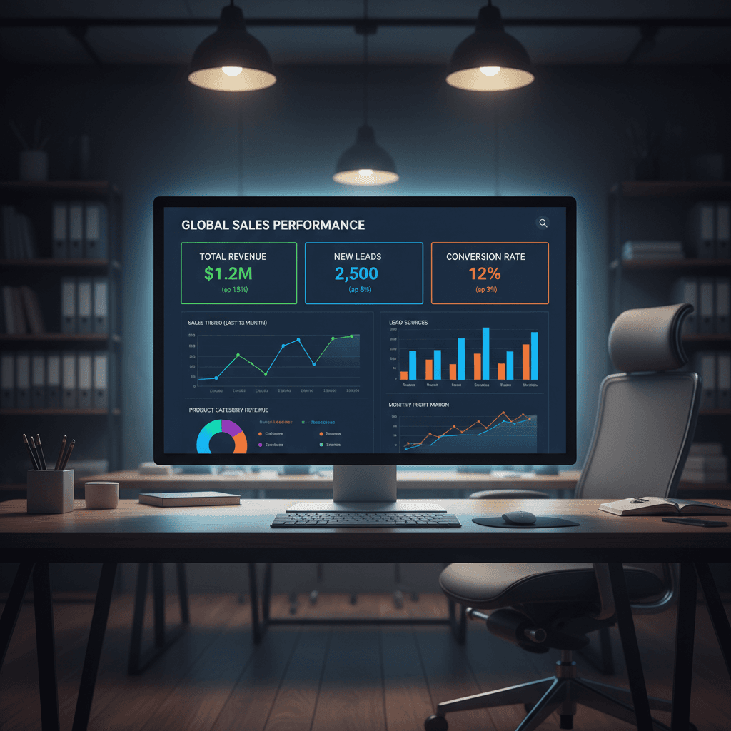 Business intelligence dashboard with multiple charts and KPI metrics