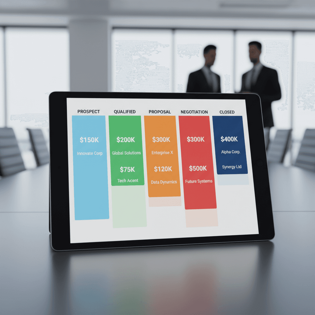 Sales pipeline visualization with deal stages on tablet screen