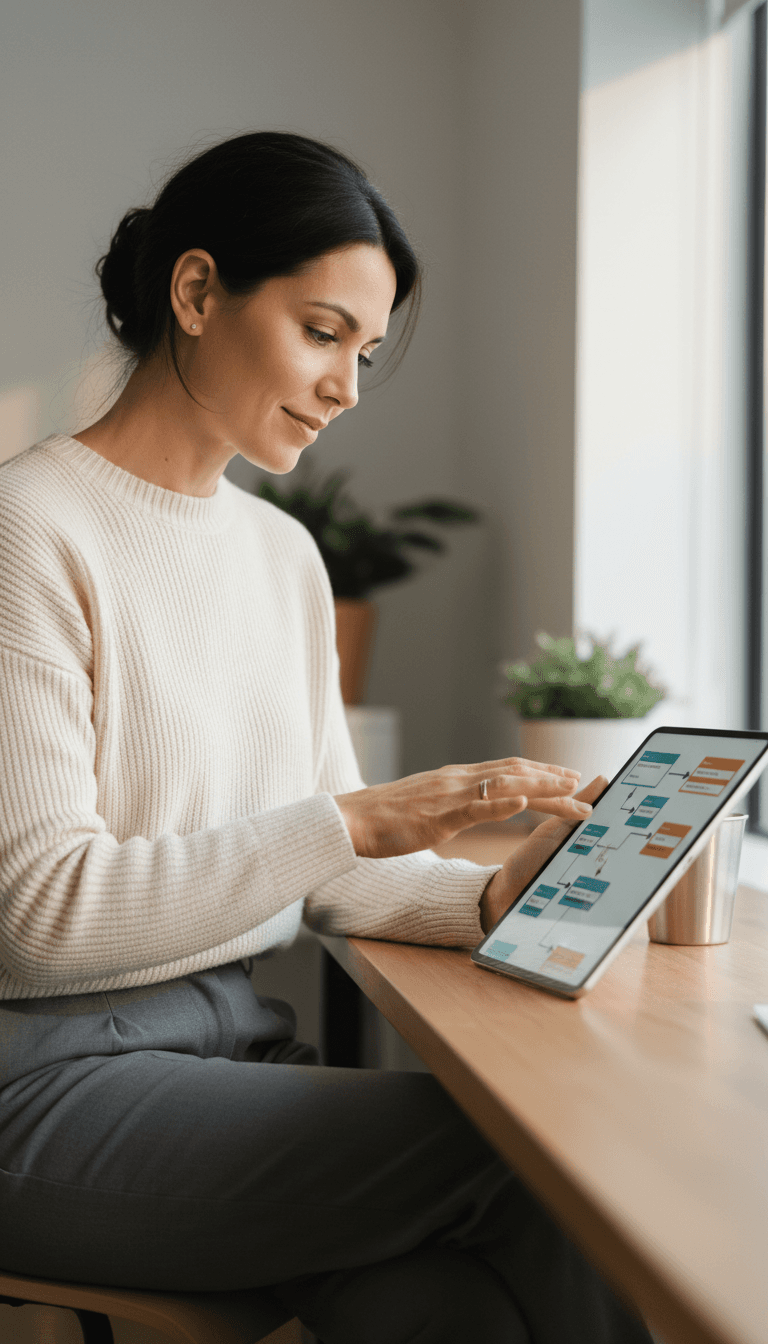Business owner reviewing automated workflow on tablet