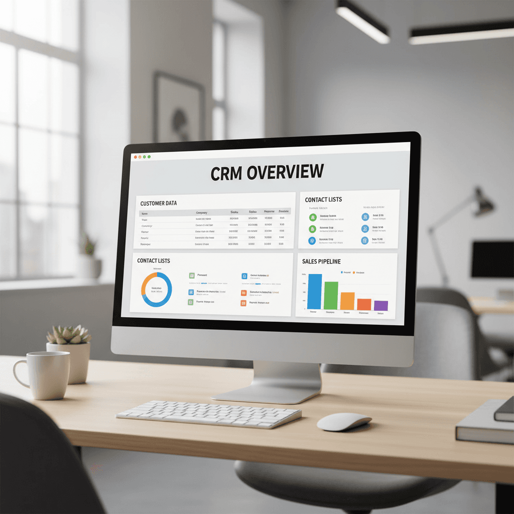 CRM dashboard with customer data visible on desktop monitor