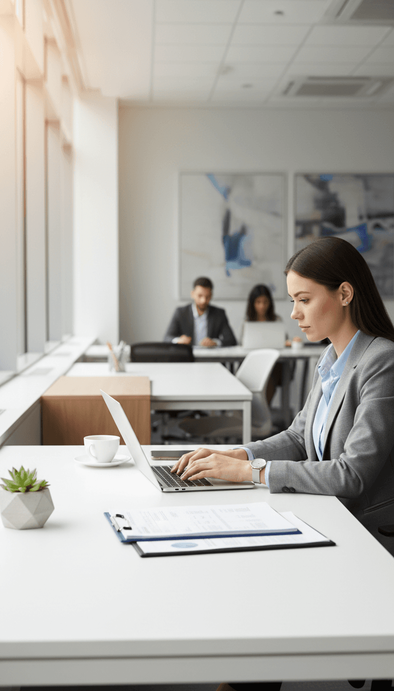 Professional at work reviewing digital infrastructure and business documents