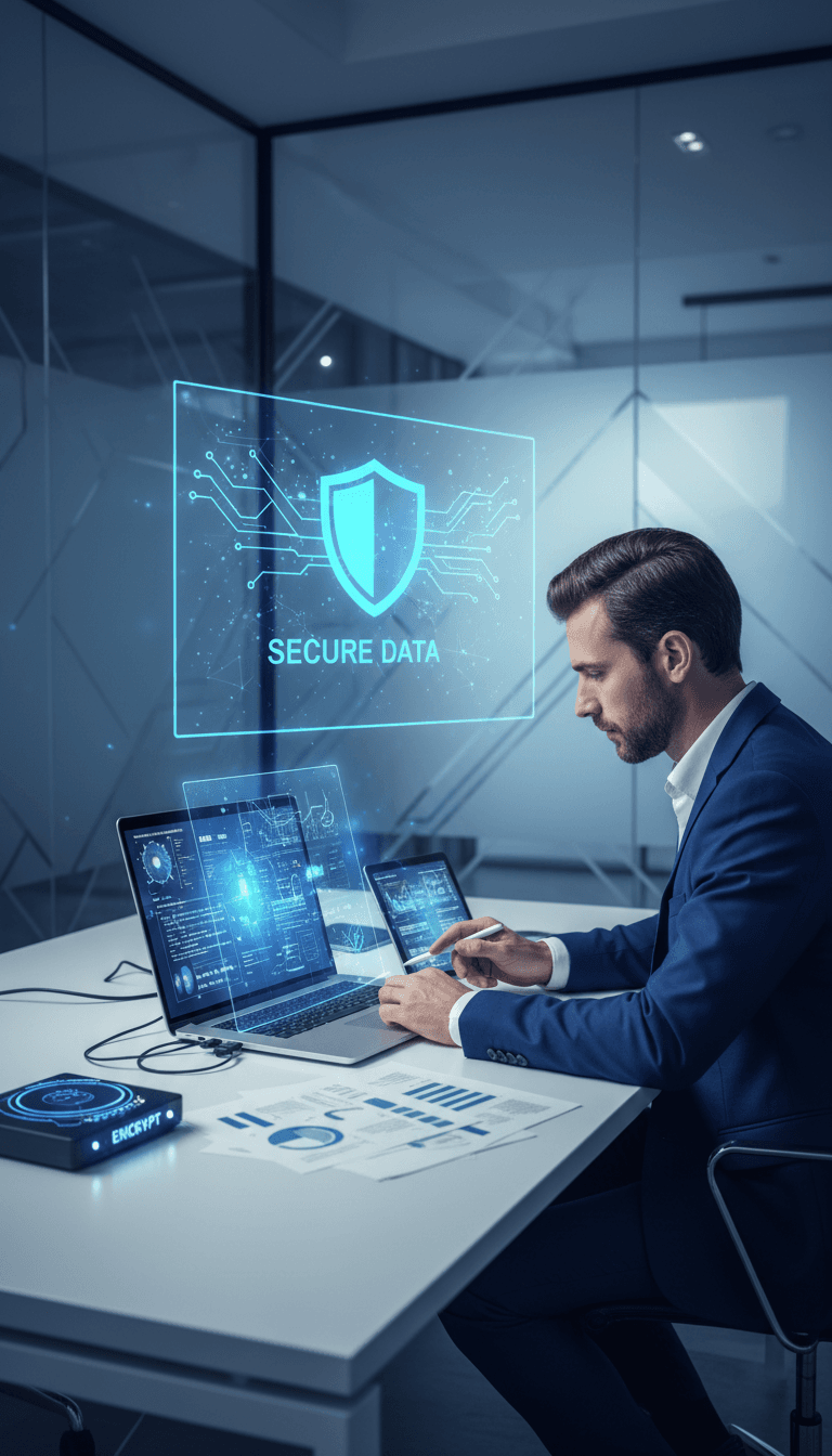 Professional reviewing data security in office