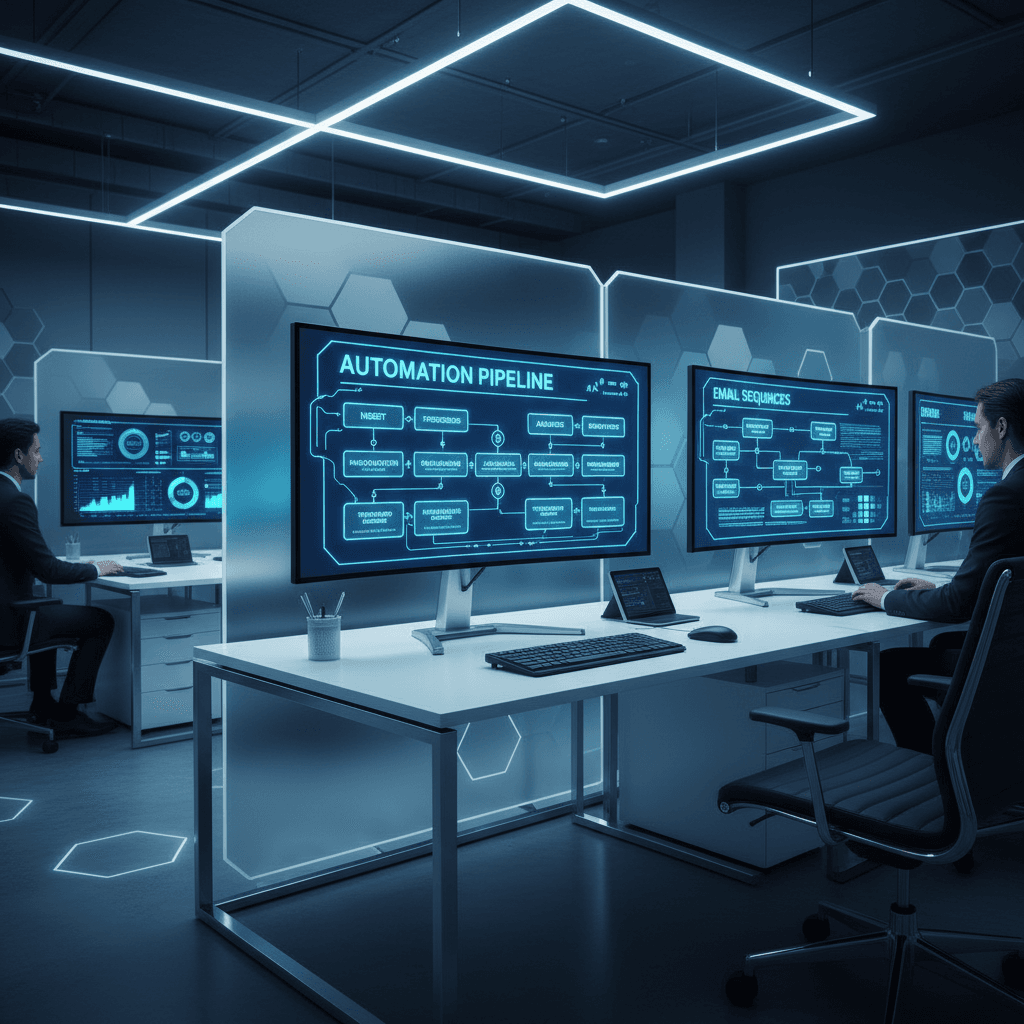 Multiple monitors displaying sales automation workflows and pipeline dashboards