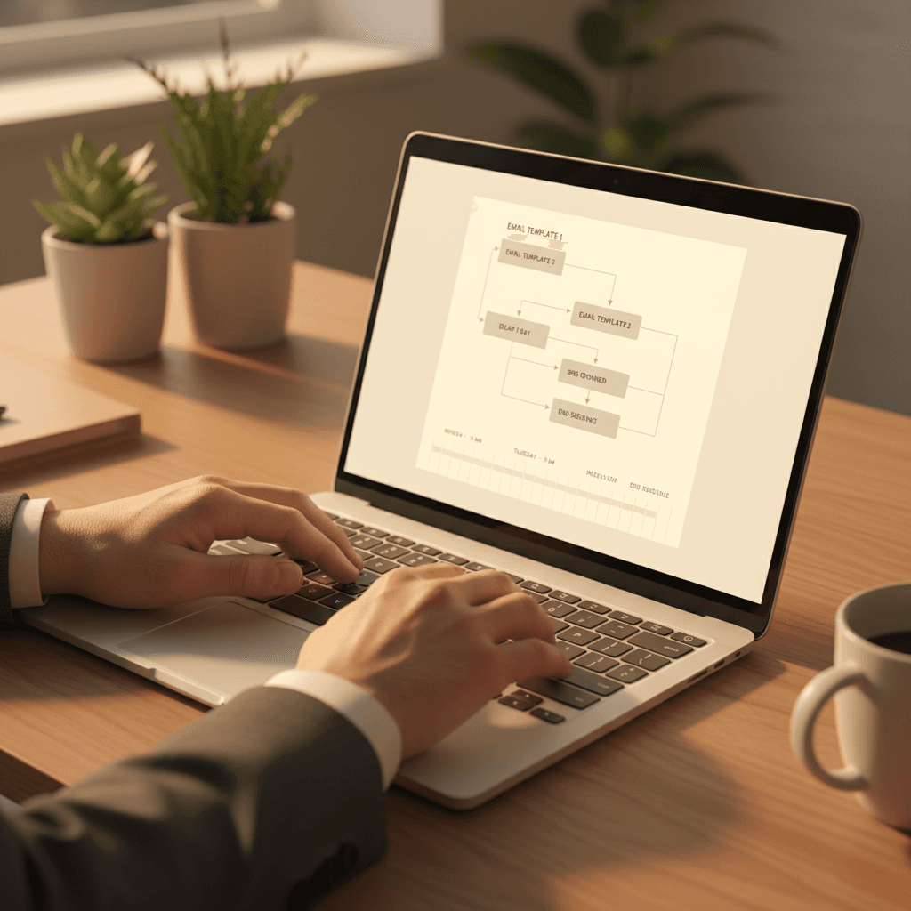 Email automation platform with workflow sequences displayed on laptop