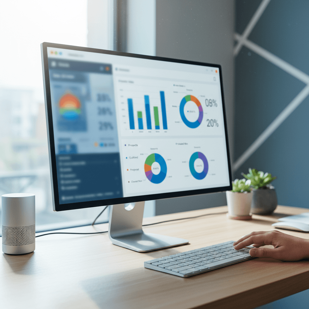 CRM dashboard on computer monitor in modern workspace