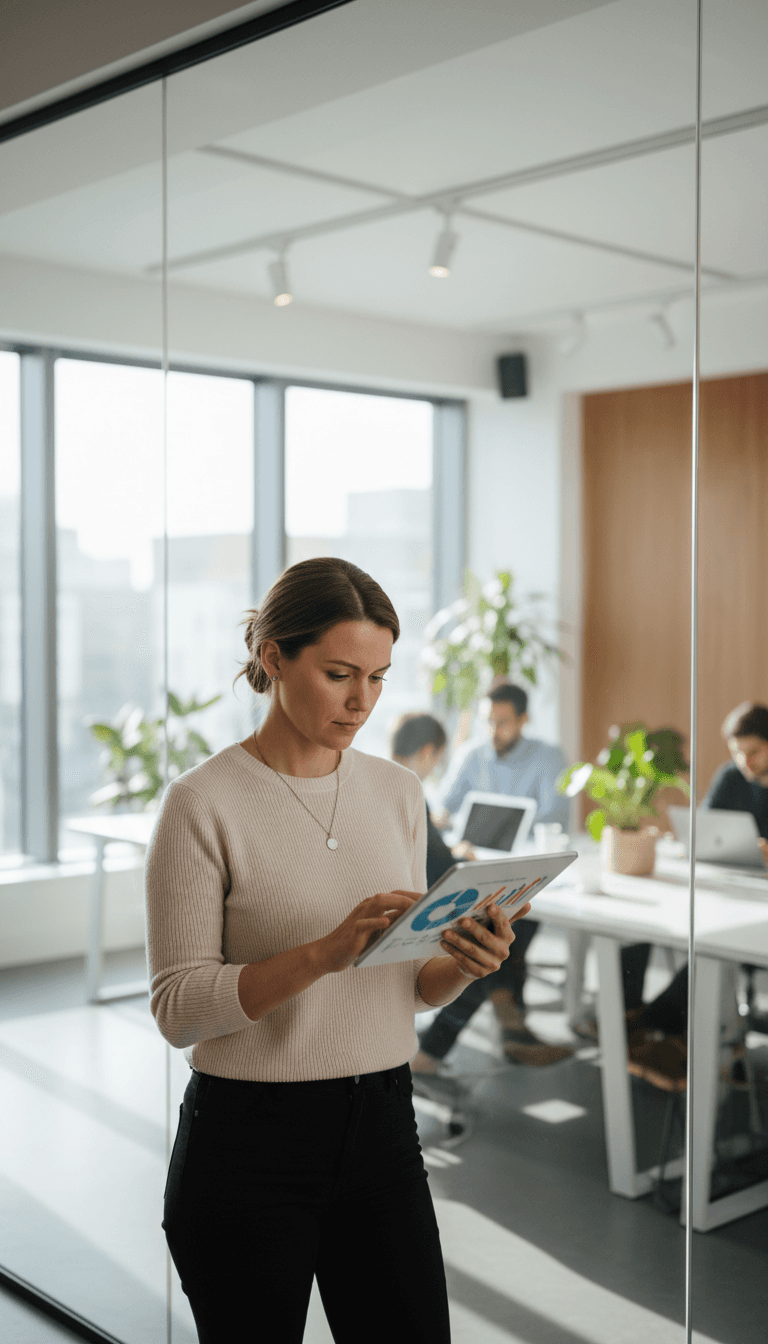 Team member reviewing automation workflows on tablet