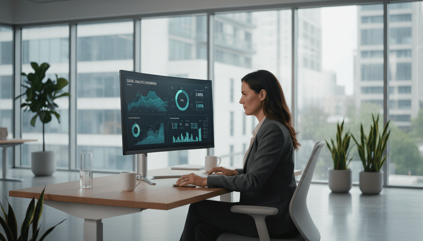 Business professional reviewing automation dashboard